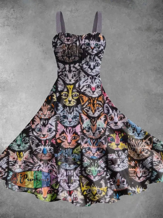 Vintage Cats Print Backless Dress Picture Color / S Dress