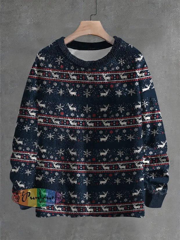 Vintage Christmas Art Print Casual Knit Pullover Sweater Black / S