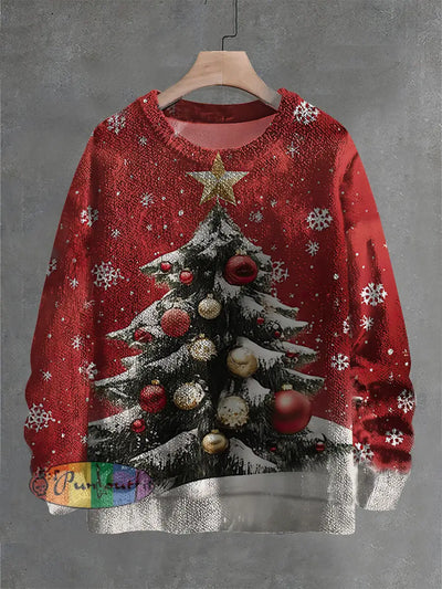 Vintage Christmas Tree Art Print Casual Knit Pullover Sweater Red / S