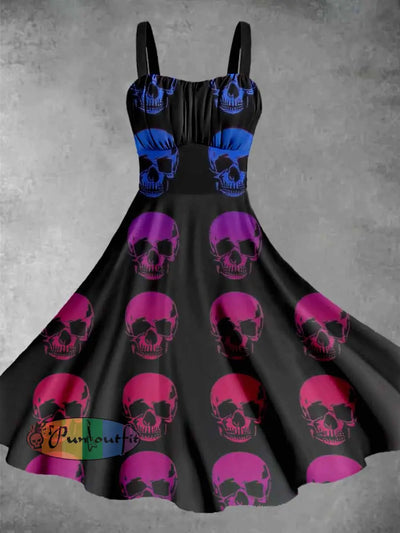 Vintage Colorful Skull Halloween Print Midi Dress Black / S