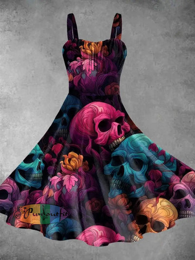 Vintage Colorful Skull Print Backless Dress Picture Color / S Dress