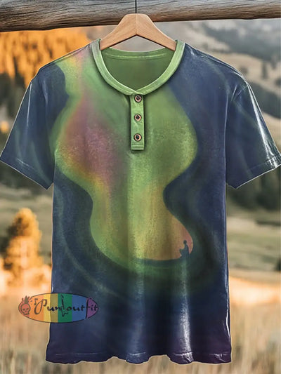 Vintage Colourful Swirl Mood Abstract Print Casual Button Henry Neck T-Shirt Blue / S