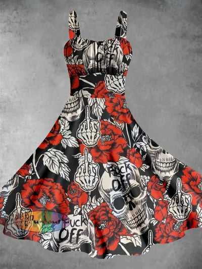 Vintage Cool Skull Print Sleeveless Casual Daily Dress Red / S