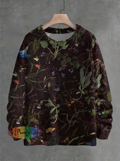 Vintage Dark Style Plants Print Casual Knit Pullover Sweater Colorful / S