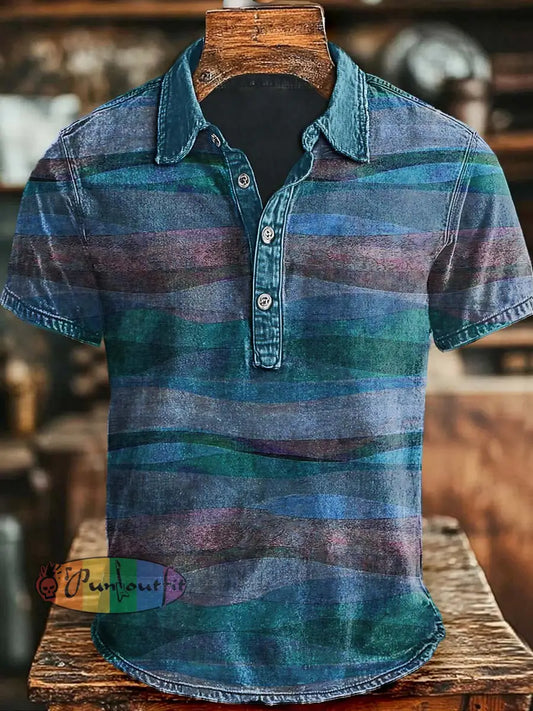 Vintage Desert Art Print Casual Stylish Short Sleeve Polo Shirt Blue / S