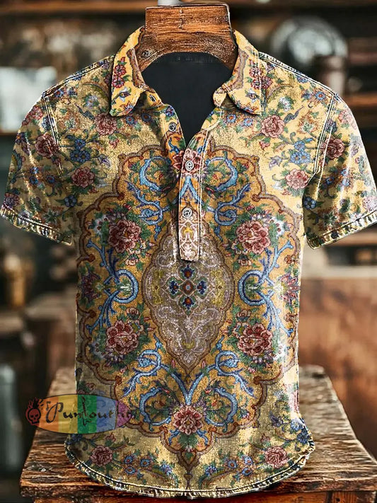 Vintage Ethnic Floral Print Casual Short Sleeve Polo Shirt As picture / S