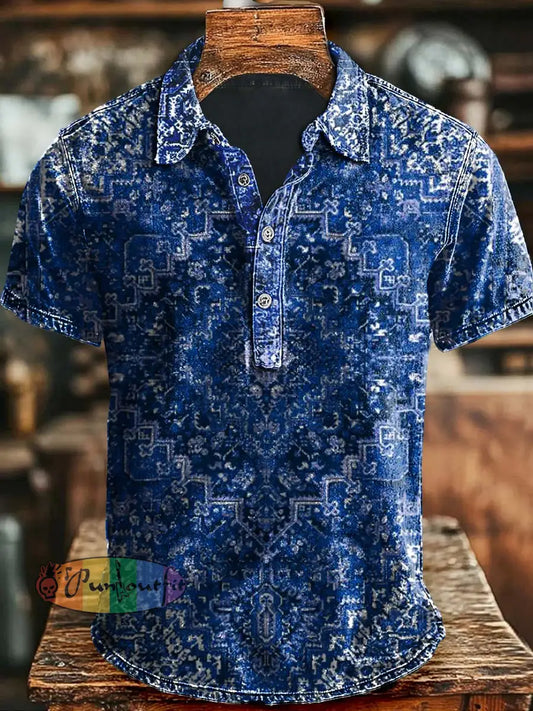 Vintage Ethnic Printed Casual Short Sleeve Polo Shirt As picture / S