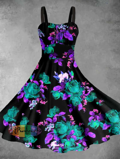 Vintage Fantasy Flowers Print Halloween Midi Dress Black / S