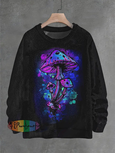 Vintage Fantasy Mushroom Art Print Casual Knit Pullover Sweater Black / S