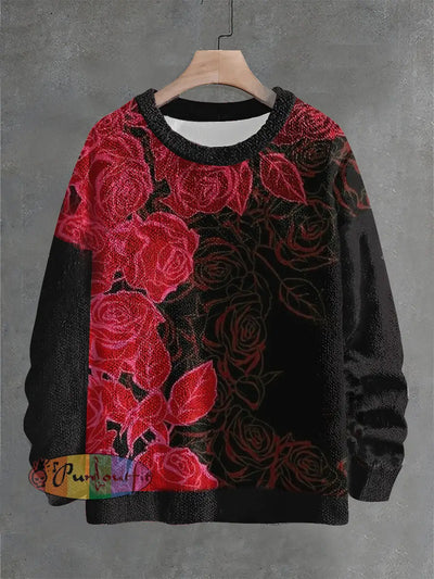 Vintage Fantasy Roses Art Print Casual Knit Pullover Sweater Red / S