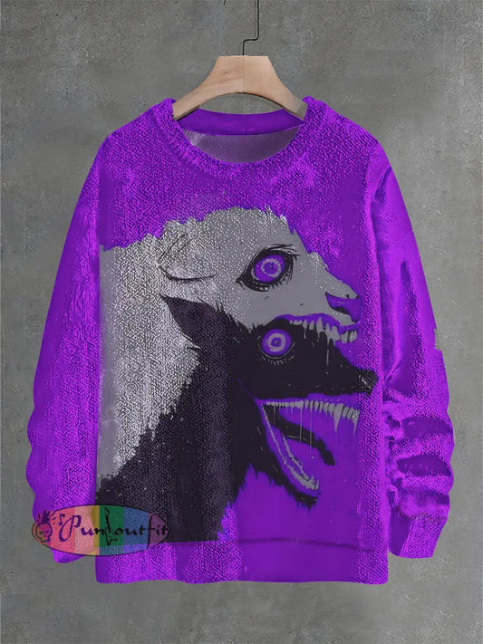 Vintage Fantasy Wolf Art Illustration Print Casual Knit Pullover Sweater Colorful / S