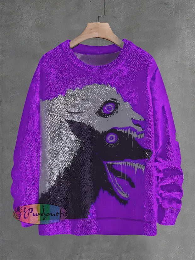 Vintage Fantasy Wolf Art Illustration Print Casual Knit Pullover Sweater Colorful / S