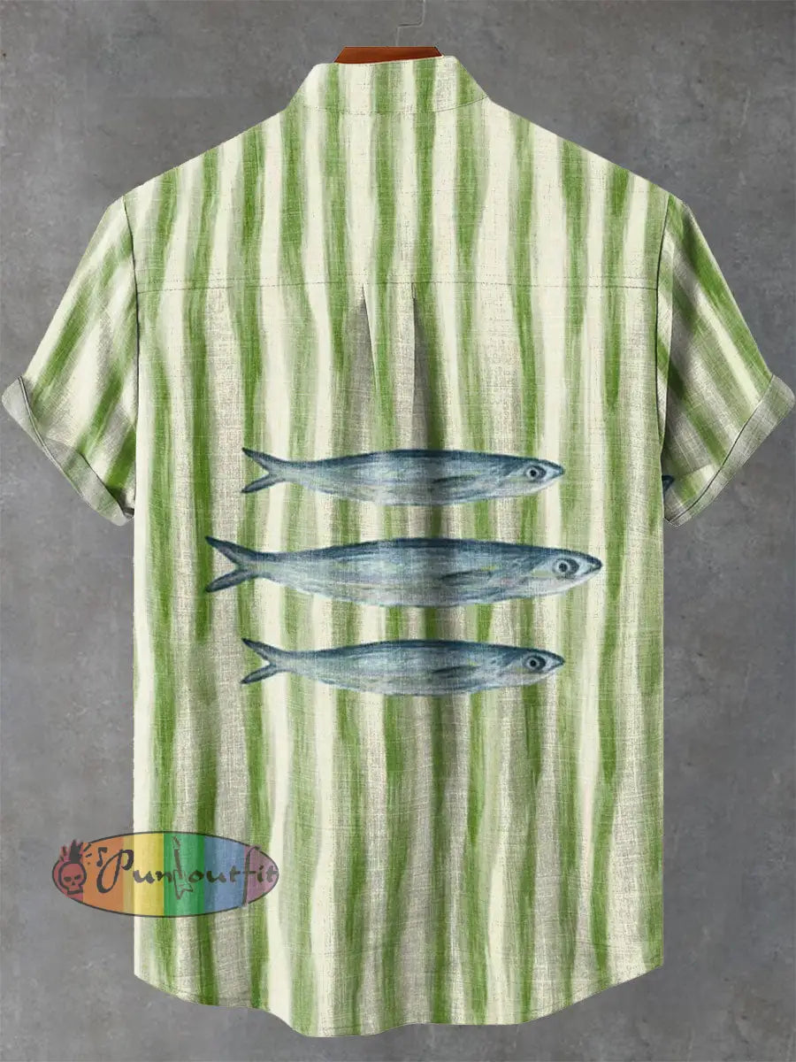 Vintage Fish Stripe Sardine Art Vintage Print Casual 100% Cotton Shirt GEOMETRIC ART DESIGN