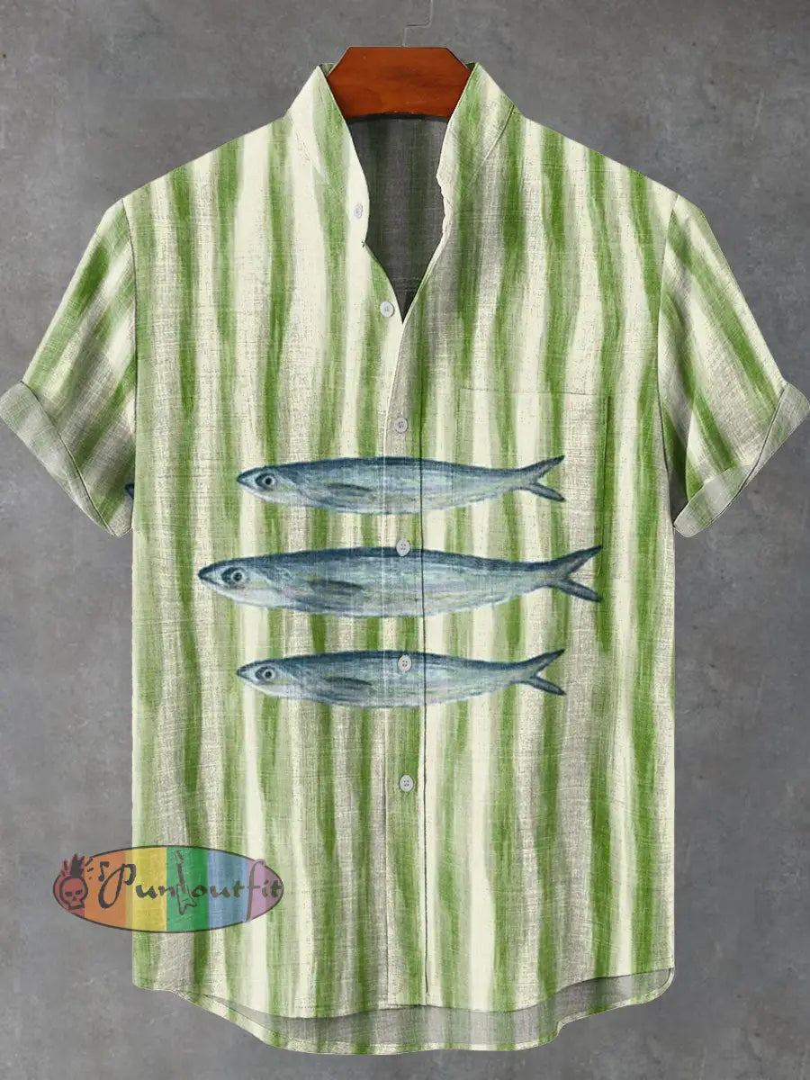 Vintage Fish Stripe Sardine Art Vintage Print Casual 100% Cotton Shirt Multicolor / S GEOMETRIC ART DESIGN