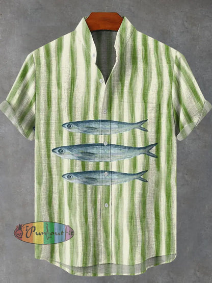 Vintage Fish Stripe Sardine Art Vintage Print Casual 100% Cotton Shirt Multicolor / S GEOMETRIC ART DESIGN