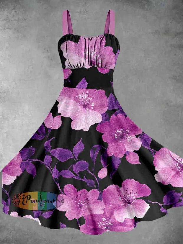 Vintage Floral Halloween Print Midi Dress Colorful / S