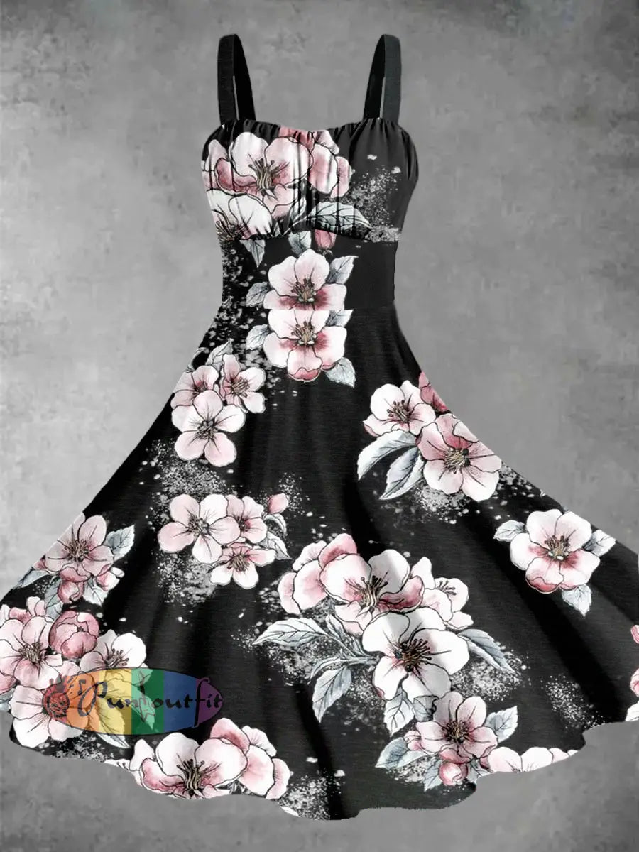 Vintage Floral Print Punk Daily Sleeveless Casual Midi Dress Black / S