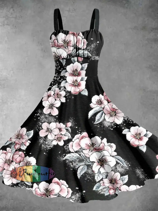 Vintage Floral Print Punk Daily Sleeveless Casual Midi Dress Black / S