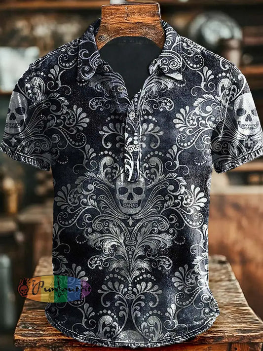 Vintage Floral Skull Print Casual Short Sleeve Polo Shirt As picture / S
