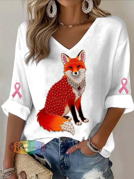Vintage Fox Pearl Breast Cancer Print Casual Cotton Long Sleeve T Shirt White / S