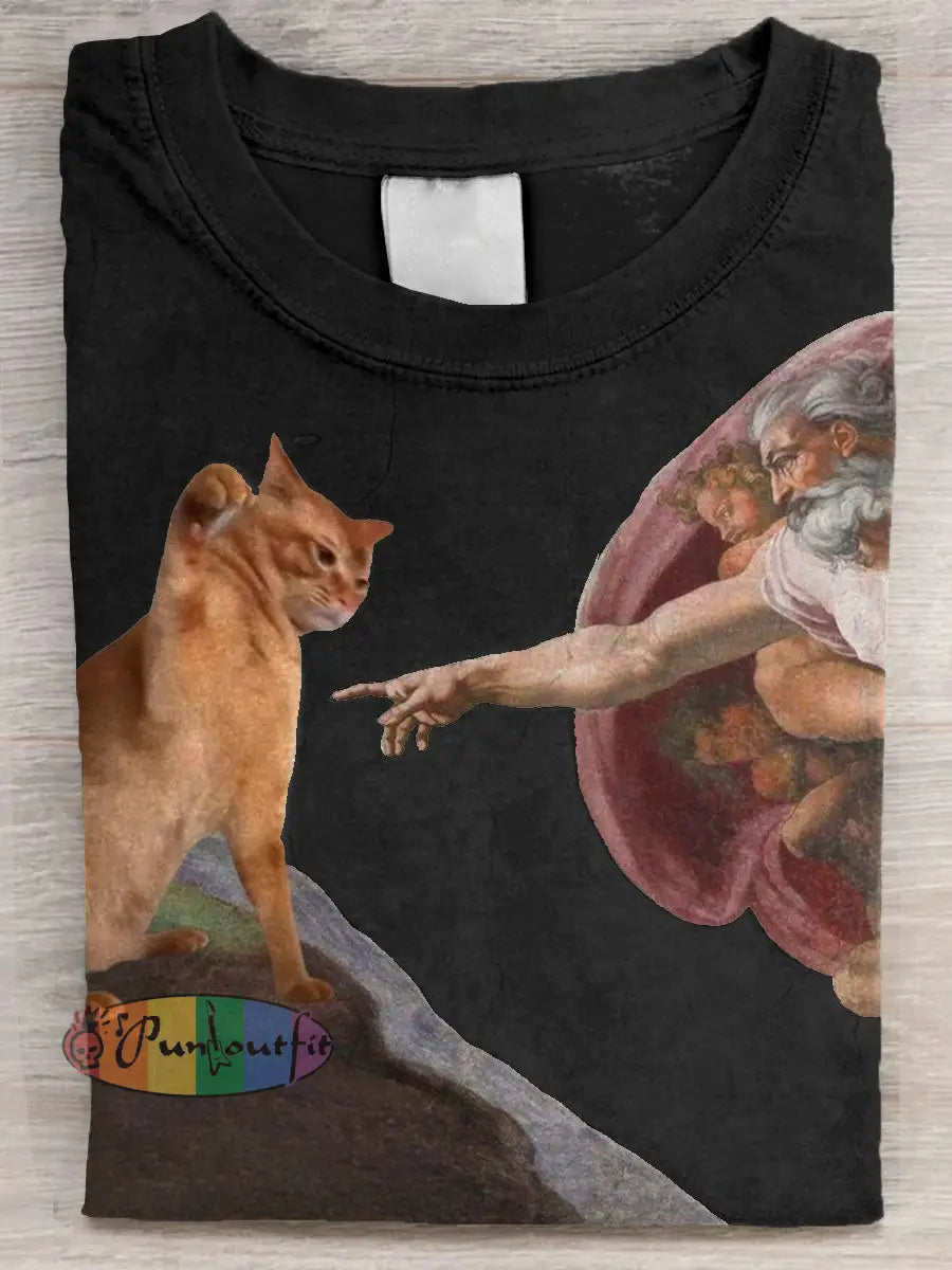 Vintage Funny Cat Art Print Casual Long Sleeve T-shirt Black / S / ShortSleeves NEW IN