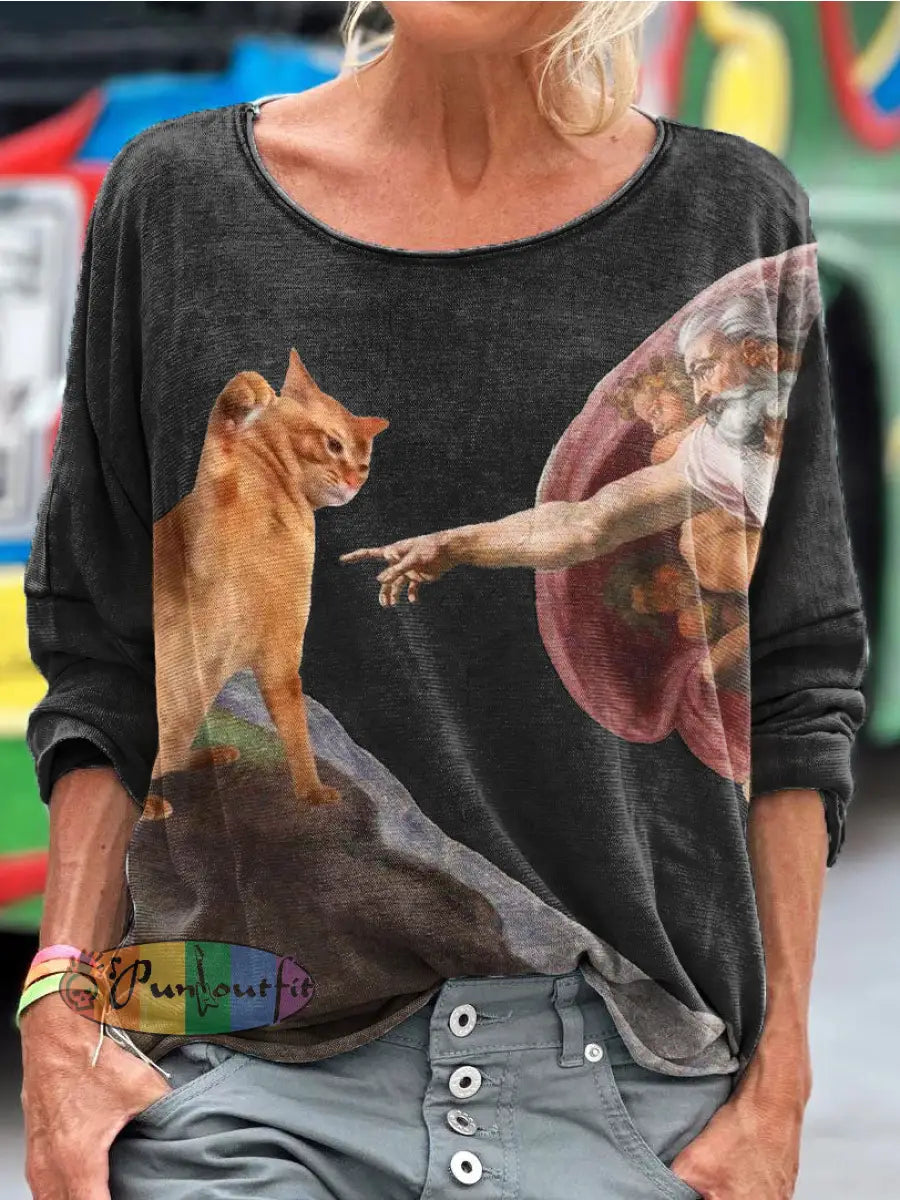 Vintage Funny Cat Art Print Casual Long Sleeve T-shirt Black / S / Women’s LongSleeves NEW IN