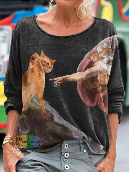Vintage Funny Cat Art Print Casual Long Sleeve T-shirt Black / S / Women’s LongSleeves NEW IN