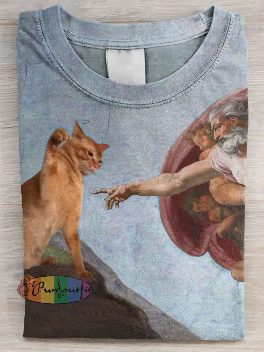 Vintage Funny Cat Art Print Casual Long Sleeve T-shirt Blue / S / ShortSleeves NEW IN
