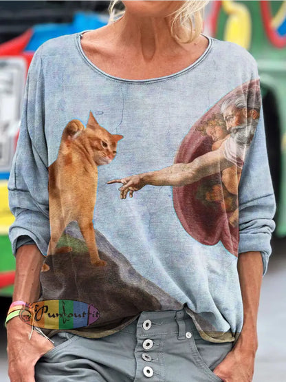 Vintage Funny Cat Art Print Casual Long Sleeve T-shirt Blue / S / Women’s LongSleeves NEW IN