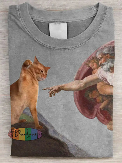 Vintage Funny Cat Art Print Casual Long Sleeve T-shirt Grey / S / ShortSleeves NEW IN
