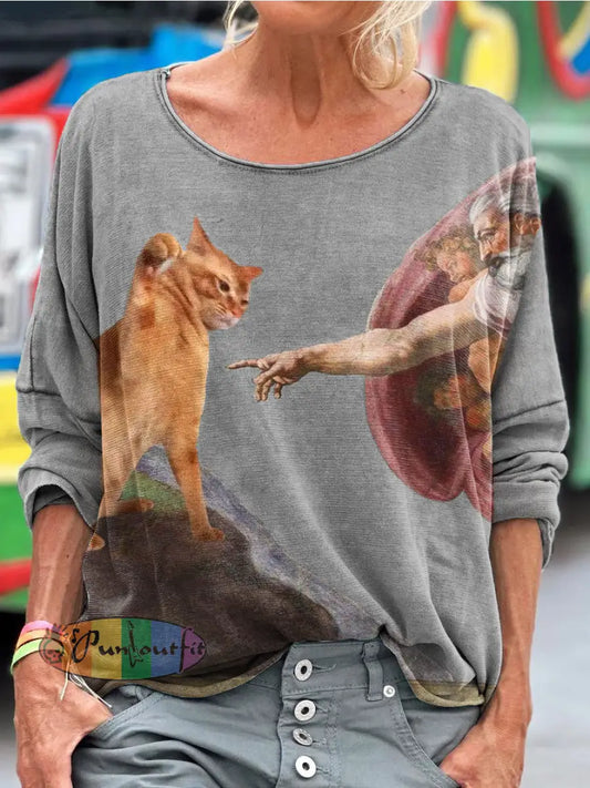 Vintage Funny Cat Art Print Casual Long Sleeve T-shirt Grey / S / Women’s LongSleeves NEW IN