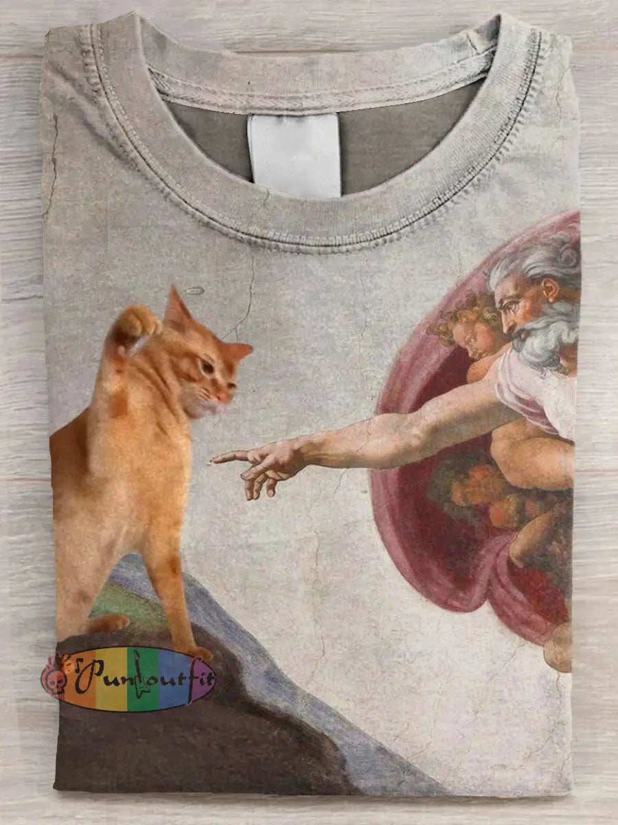 Vintage Funny Cat Art Print Casual Long Sleeve T-shirt Khaki / S / ShortSleeves NEW IN