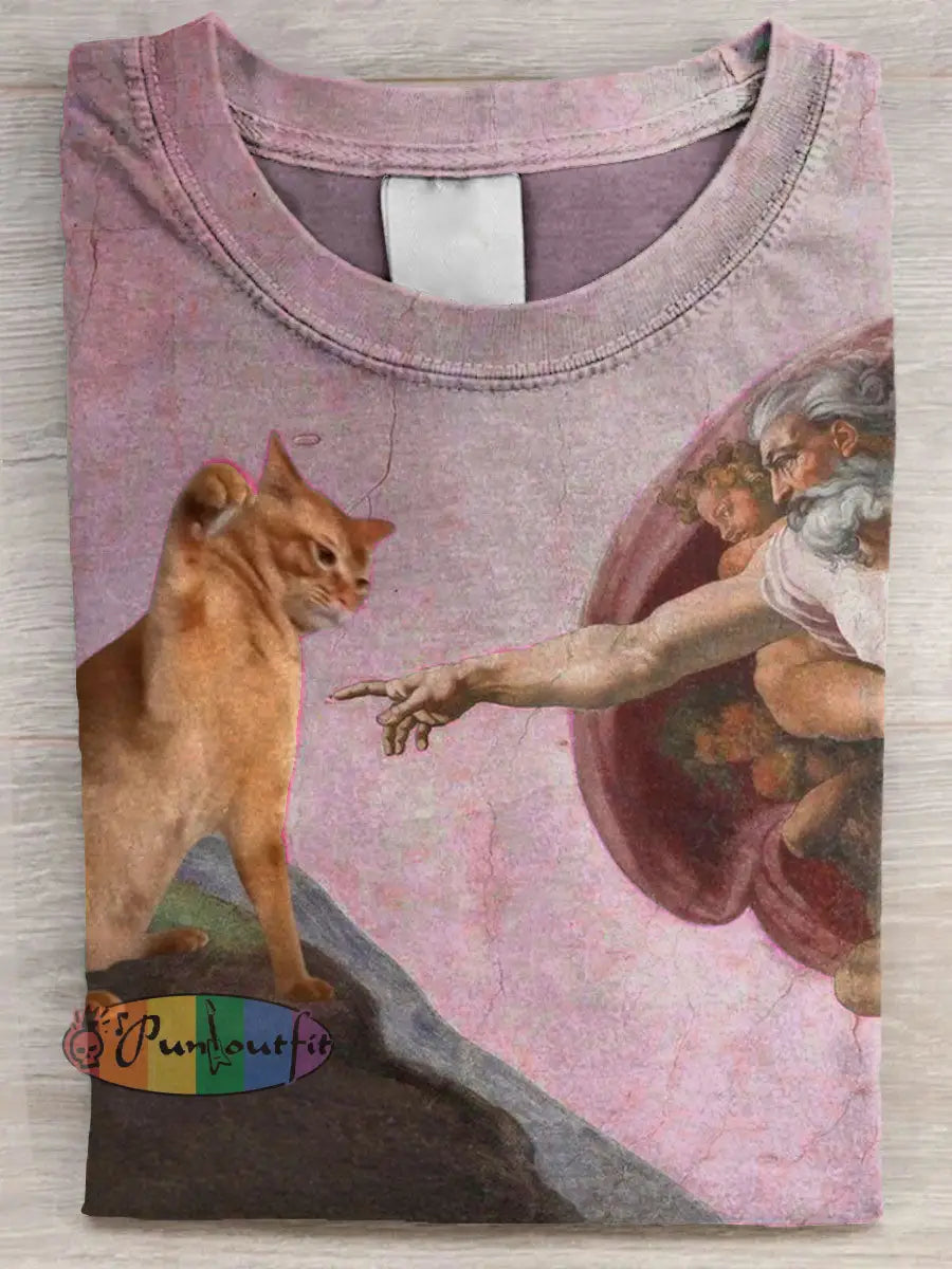 Vintage Funny Cat Art Print Casual Long Sleeve T-shirt Pink / S / ShortSleeves NEW IN
