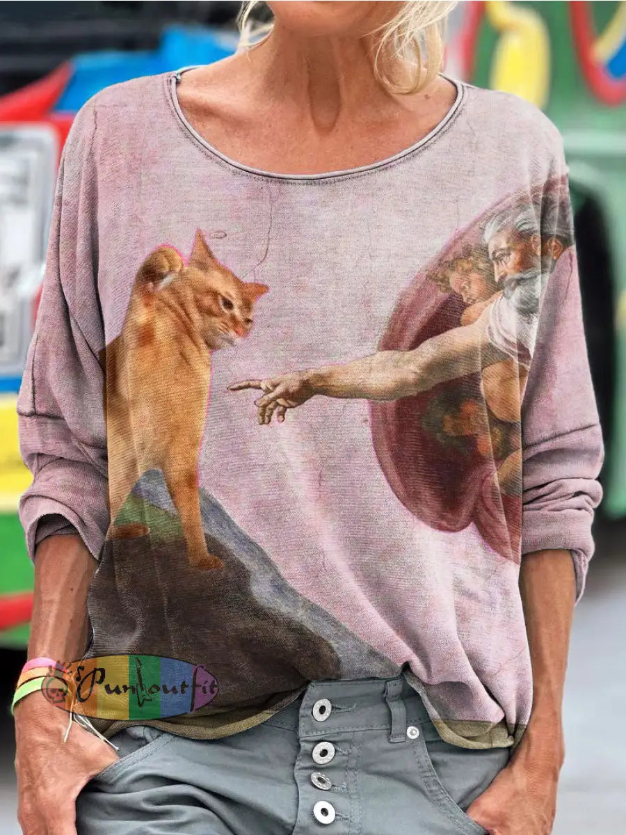 Vintage Funny Cat Art Print Casual Long Sleeve T-shirt Pink / S / Women’s LongSleeves NEW IN