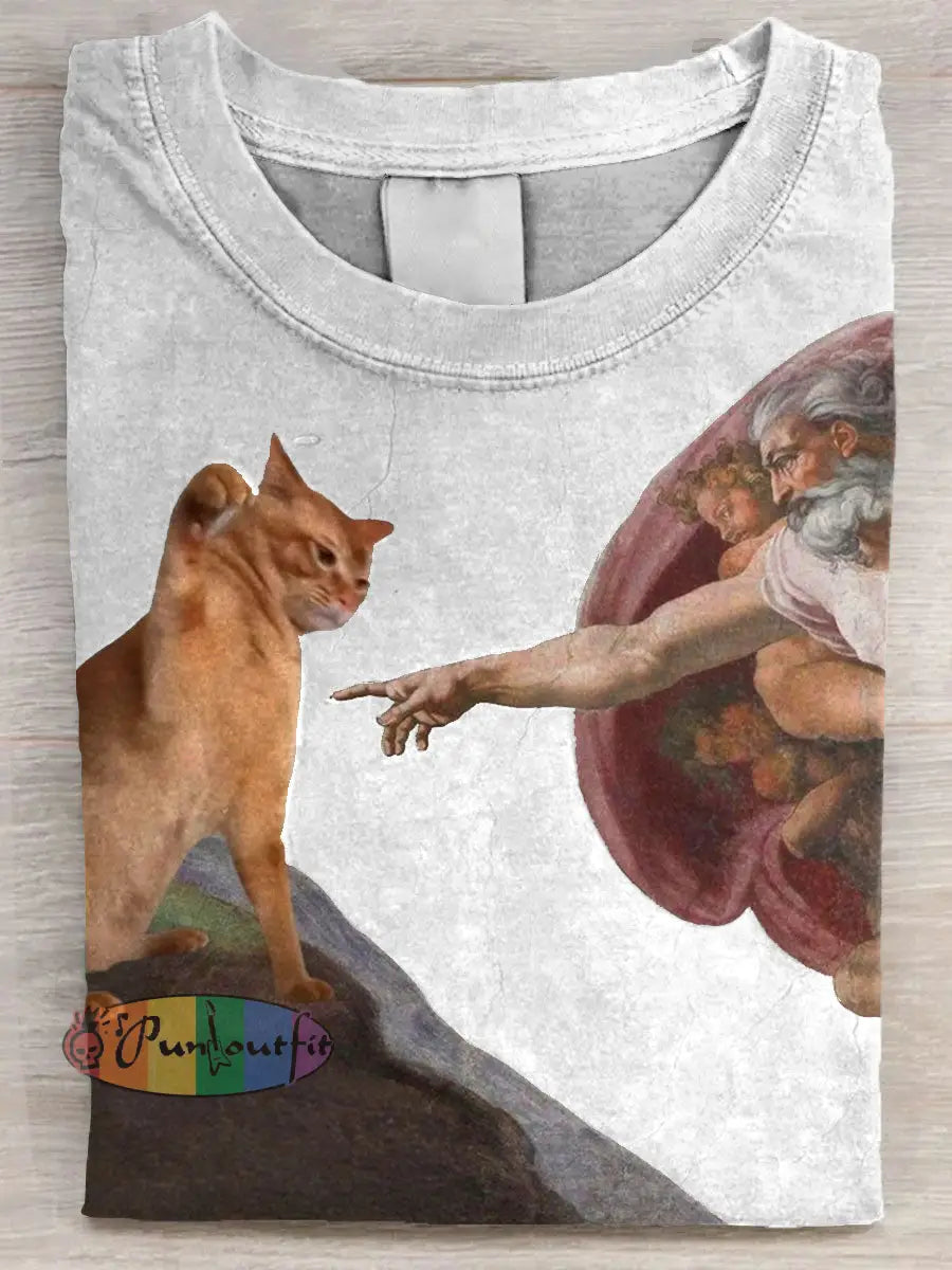Vintage Funny Cat Art Print Casual Long Sleeve T-shirt White / S / ShortSleeves NEW IN