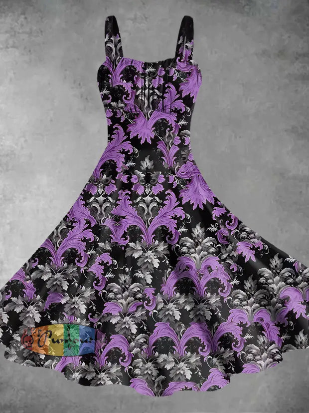 Vintage Gothic Dark Style Geometric Floral Gradient Designs Print Midi Dress Purple / S