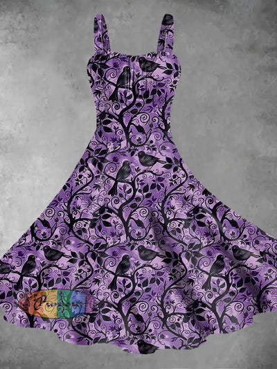 Vintage Gothic Dark Style Raven Print Midi Dress Purple / S