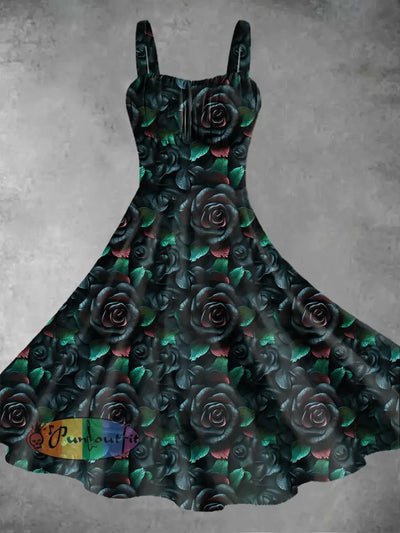 Vintage Gothic Dark Style Rose Flower Print Midi Dress Green / S