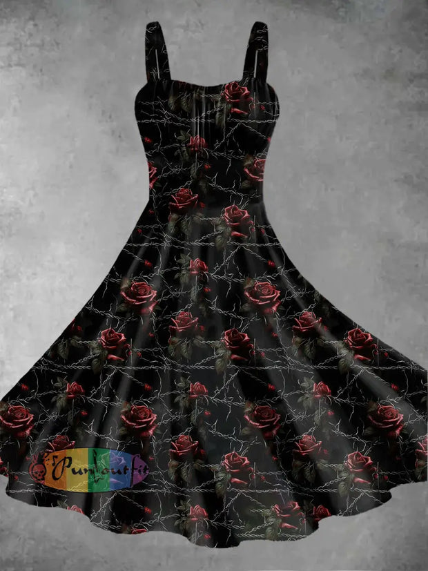 Vintage Gothic Dark Style Skull Rose Chain Print Midi Dress Black / S