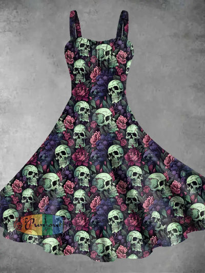 Vintage Gothic Dark Style Skull Rose Flower Print Midi Dress As Picture / S