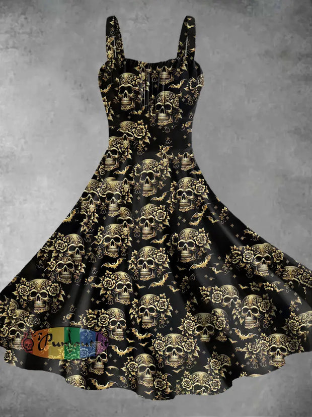 Vintage Gothic Dark Style Skull Rose Flower Print Midi Dress Black / S