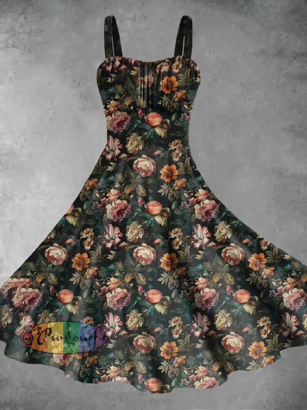 Vintage Gothic Dark Style Skull Rose Flower Print Midi Dress Green / S