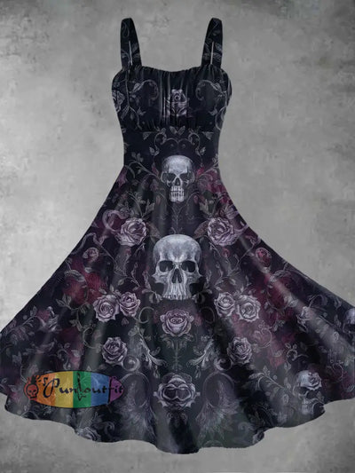 Vintage Gothic Dark Style Skull Rose Flower Print Midi Dress Purple / S