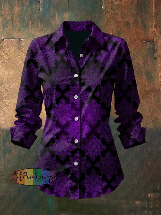 Vintage Gothic Floral Pattern Gradient Printed Casual Long Sleeve Regular Shirts Purple / S