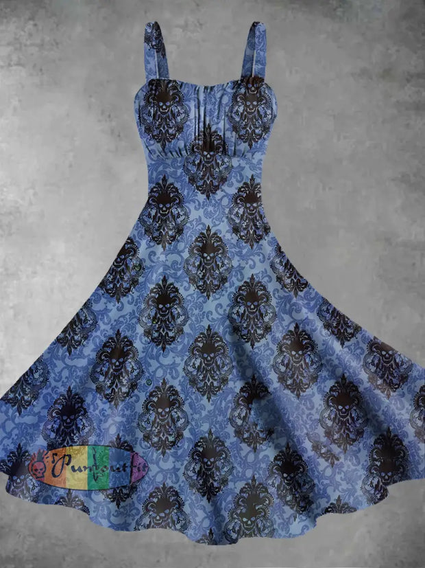 Vintage Gothic Style Dark Skull Flower Patterns Print Midi Dress Blue / S