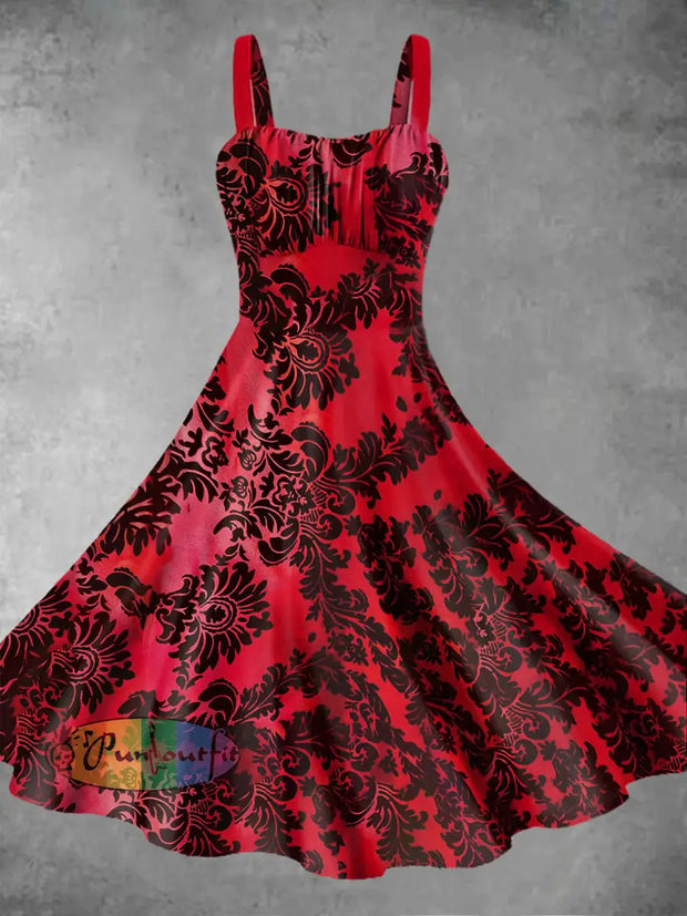 Vintage Gothic Style Floral Print Midi Dress Red / S