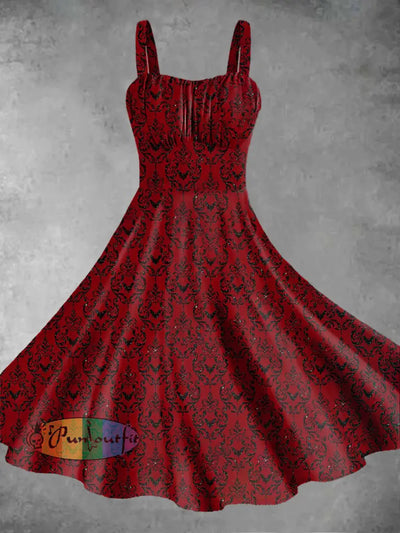 Vintage Gothic Style Floral Valentine’s Day Print Midi Dress Red / S