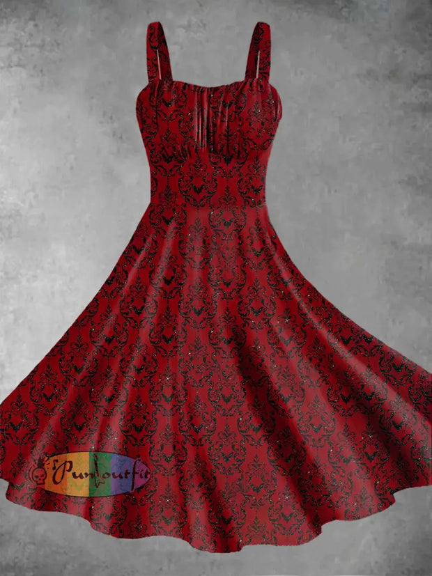 Vintage Gothic Style Floral Valentine’s Day Print Midi Dress Red / S