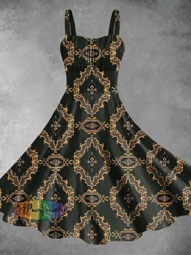 Vintage Gothic Style Geometric Art Design Print Midi Dress Black / S