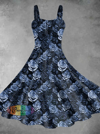 Vintage Gothic Style Gradient Rose Floral Print Midi Dress Blue / S